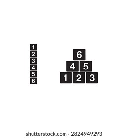 Black numbered blocks stacked in a tower and pyramid formation simple silhouette on white background