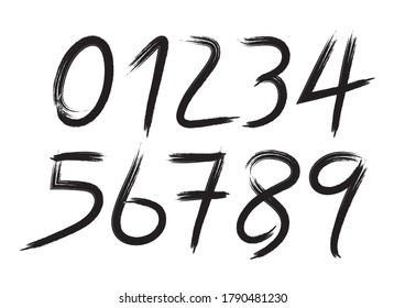 Black Numbers 0-9 written with a brush on a white background, Calligraphic, number vector set