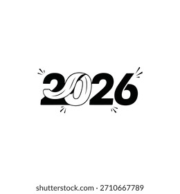 Números negros 2026 con un cero estilizado y líneas radiantes sobre un fondo blanco.