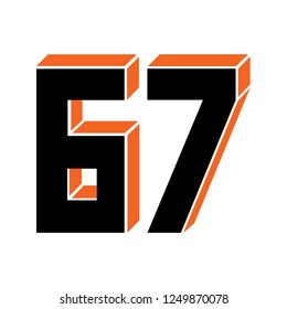 black numbers 67, player's shirt number design, isolated on white background illustration, numbers 3d vector symbol