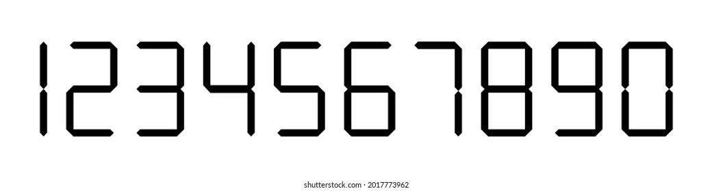 Black numbers for electronic clock and time template. Set for digital calculator and numeric vector timer.