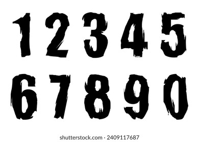 Black numbers in grunge style for design from 0 to 9. Numbers brush strokes. Vector illustration isolated on white background.