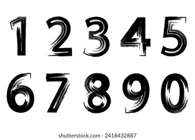 Black numbers in grunge style for design from 0 to 9. Numbers brush strokes. Vector illustration isolated on white background.	