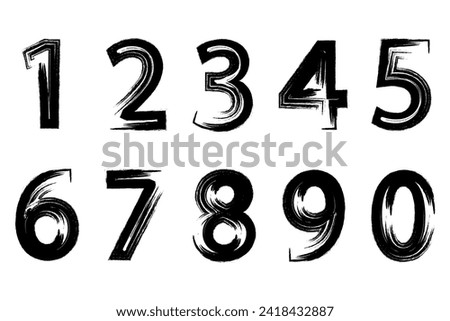 Black numbers in grunge style for design from 0 to 9. Numbers brush strokes. Vector illustration isolated on white background.	