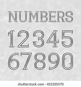 Black numbers of lines on a gray textured background. Swirly font in art deco style.