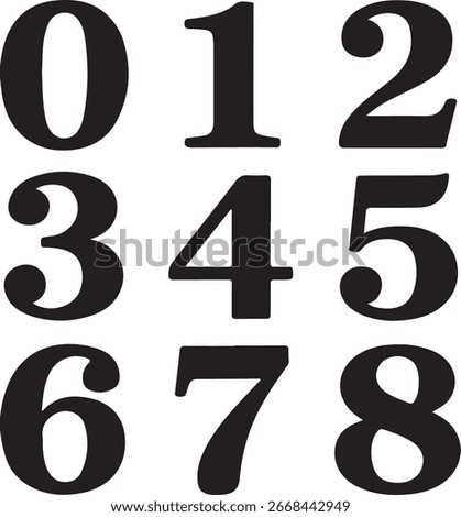 Black numerals zero through eight on white background three four