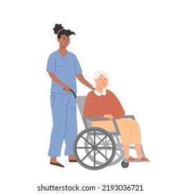 Black Nurse Or Doctor Taking Care Of Elderly Woman On Wheelchair. Nursing Home Concept. Assisted Living. Residential Care Facility. Senior Lady. Vector Illustration Isolated On White.