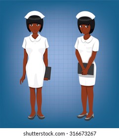 Black Nurse Full Body Poses Cartoon Vector Illustration