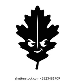 A black oak leaf silhouette featuring a stylized face and nose. Symbolic icon representing nature, growth, and woodland themes in a graphic style.