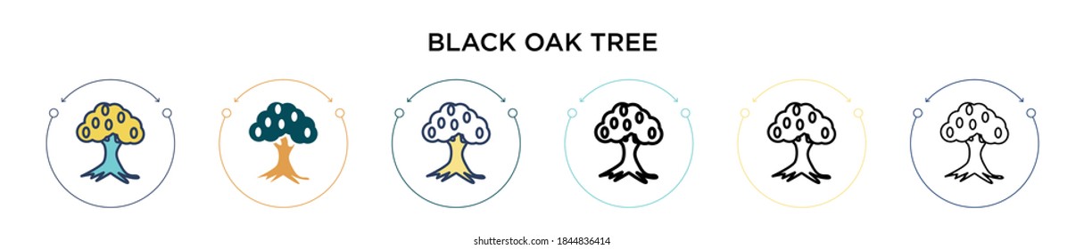 Icono de árbol de roble negro en estilo relleno, delgado, contorno y trazo. Ilustración vectorial de dos íconos vectores de roble negro y de color negro se puede utilizar para móviles, ui, web