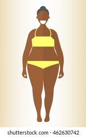 Black obese woman. Flat style illustration. African girl in yellow underwear with excess weight. Vector cartoon character.