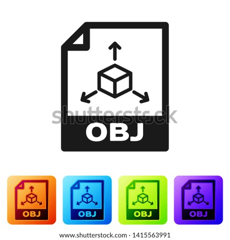 Black OBJ file document icon. Download obj button icon isolated on white background. OBJ file symbol. Set icon in color square buttons. Vector Illustration