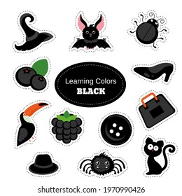 Black objects. Learning Colors. Color Worksheet. Education set. Illustration of primary colors.