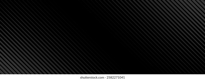 Black oblique straight line background. Dark linear abstract wallpaper. Elegant luxury striped gradient texture. Grey diagonal lines backdrop for flyer, banner, poster, presentation. Vector