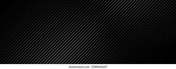 Black oblique straight line background. Sleek dark linear abstract wallpaper. Luxury stripe gradient texture. Grey diagonal line backdrop for flyer, banner, poster, cover, presentation. Vector