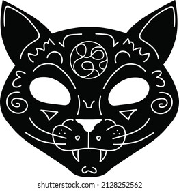 Black occult cat with demonic symbols. Mystic gothic spooky animal. Witch pet's head vector illustration