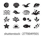 Black ocean icons set minimal marine symbols silhouette shells waves coral fish flat vector collection