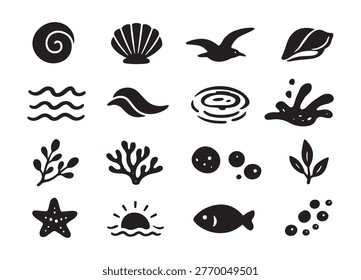 Black ocean icons set minimal marine symbols silhouette shells waves coral fish flat vector collection
