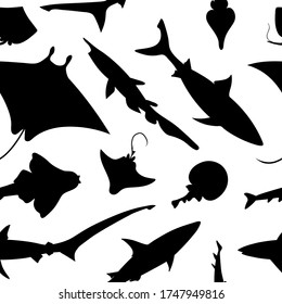 Black ocean shark and ray fish. Seamless pattern vector.