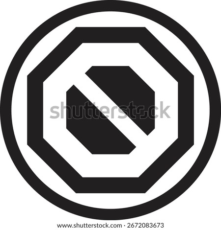 Black octagon with diagonal slash in circle emblem