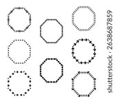 Black octagon wreath. Floral frame shape. Vector ornamental ring. Repeated dark figure.
