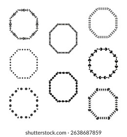 Black octagon wreath. Floral frame shape. Vector ornamental ring. Repeated dark figure.