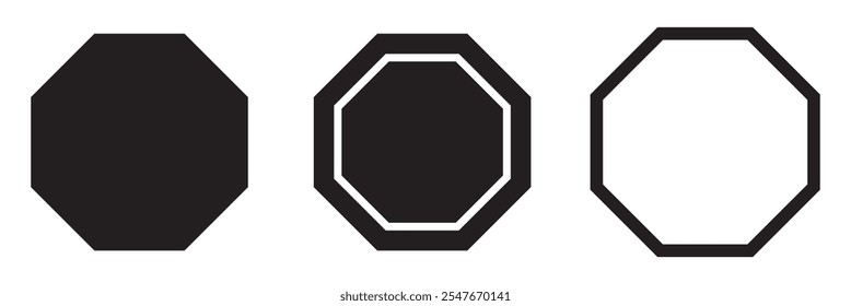 Black octagonal pattern shape icon vector set isolated on white background.