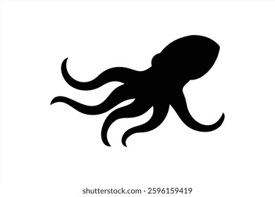 The black octopus design showcases flowing tentacles extending gracefully in various directions. This vector illustration emphasizes a fluid and dynamic shape, perfect for marine themes.