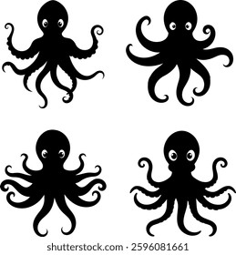 Black Octopus Icon, Minimalist Silhouette, Ocean Theme Vector