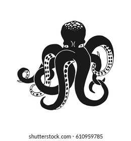 Black octopus isolated on white. Monochrome vector illustration based on hand drawn sketch. Cartoon character. Great choice for t-shirt design, sticker, tattoo, banner or mascot.