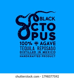 Black octopus label. Premium packaging design. Lettering composition with letter o like octopus tentacles. Scratch, shabby style.