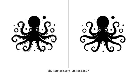 Black octopus silhouette illustrations feature curly tentacles and bubbles against a white background, ideal for art, tattoo, and design projects requiring a marine theme.