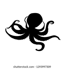 Black octopus silhouette isolated. Soft-bodied mollusk. Sea and ocean theme.