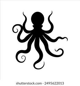 Silueta de pulpo negro sobre fondo blanco. Diseño de ilustración de signo de Vector de icono de pulpo.