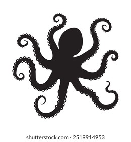 Black octopus silhouette on a white background. Vector icon ideal for marine life designs, ocean themes, and aquatic projects. Perfect for logos and illustrations.