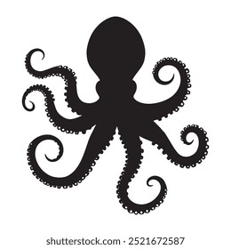 Black octopus silhouette on a white background. Vector icon ideal for marine life designs, ocean themes, and aquatic projects. Perfect for logos and illustrations.