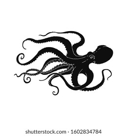 Black octopus swimming to the side - hand drawn silhouette of sea animal with long wavy tentacles isolated on white background. Flat vector illustration.