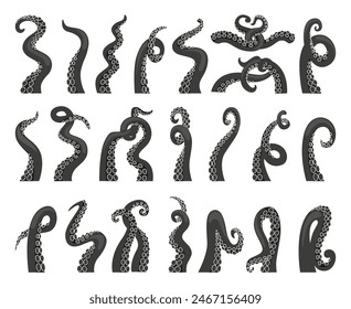 Black octopus tentacles. Kraken octopuses tentacle, squid sea body parts. Monochromatic ocean animal details, cartoon neoteric vector icons