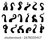Black octopus tentacles. Squid tentacle various postures, swirl silhouette for stickers, cutting. Underwater wild animal, jellyfish arms, nowaday vector set