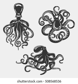 Black octopus or underwater swimming mollusk. Ocean cephalopod or aquarium cuttlefish with swirl suction cups, set of isolated black mollusk. Nautical wildlife banner or zoology logo, tattoo or mascot