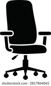 Black office chair vector icon silhouette featuring adjustable armrests, ergonomic backrest, and 5-star wheeled base on a white background.