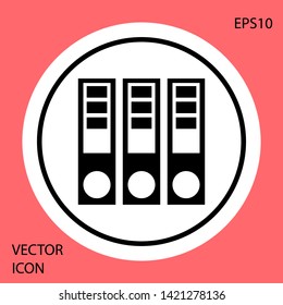 Black Office folders with papers and documents icon isolated on red background. Office binders. Archives folder sign. White circle button. Vector Illustration