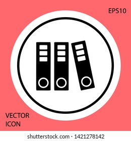 Black Office folders with papers and documents icon isolated on red background. Office binders. Archives folder sign. White circle button. Vector Illustration