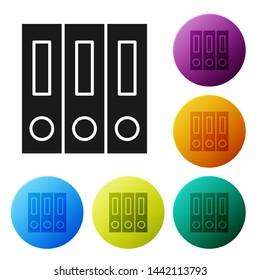 Black Office folders with papers and documents icon isolated on white background. Office binders. Archives folder sign. Set icons colorful circle buttons. Vector Illustration