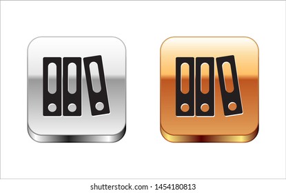 Black Office folders with papers and documents icon isolated on white background. Office binders. Archives folder sign. Silver-gold square button. Vector Illustration