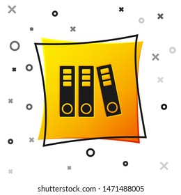 Black Office folders with papers and documents icon isolated on white background. Office binders. Archives folder sign. Yellow square button. Vector Illustration