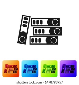 Black Office folders with papers and documents icon isolated on white background. Office binders. Archives folder sign. Set icon in color square buttons. Vector Illustration