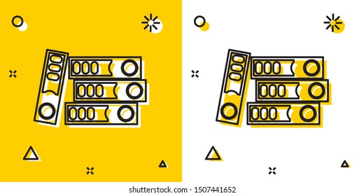 Black Office folders with papers and documents icon isolated on yellow and white background. Office binders. Archives folder sign. Random dynamic shapes. Vector Illustration