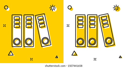 Black Office folders with papers and documents icon isolated on yellow and white background. Office binders. Archives folder sign. Random dynamic shapes. Vector Illustration