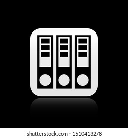 Black Office folders with papers and documents icon isolated on black background. Office binders. Archives folder sign. Silver square button. Vector Illustration